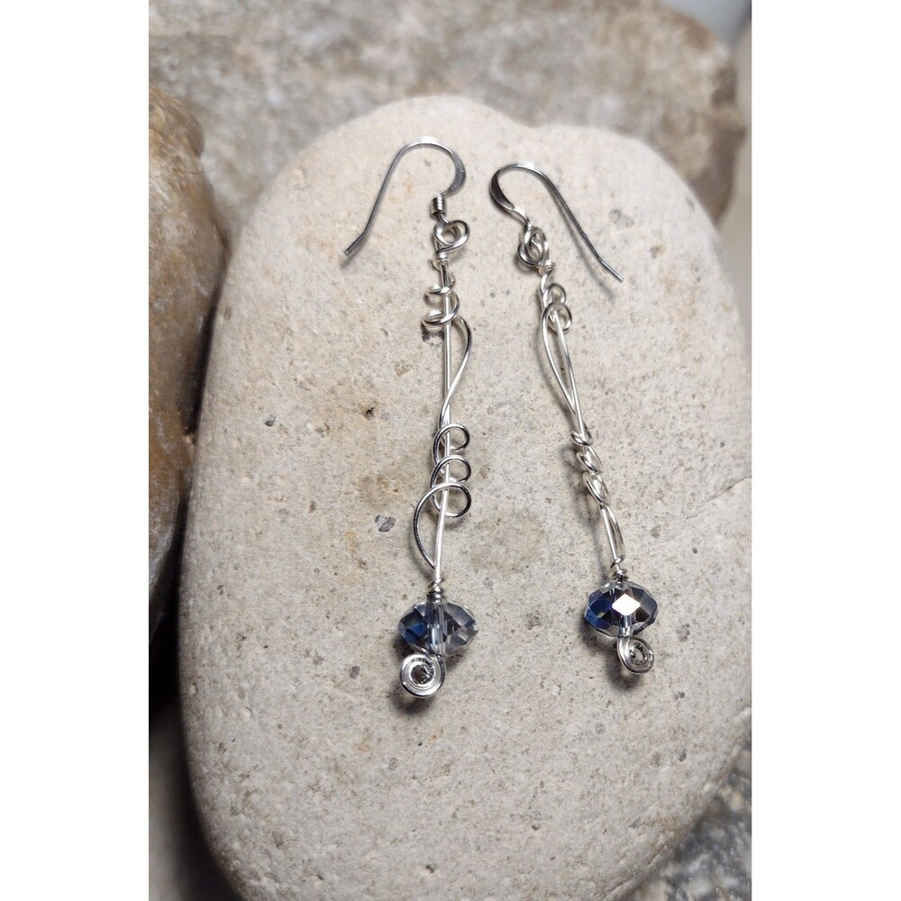 Sterling Silver .925 Crystal Spiral Wire Dangle Earrings